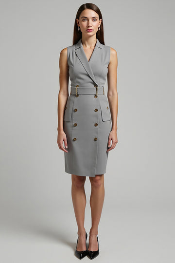 Grey Sheath V-Neck Midi Work Dress with Belt
